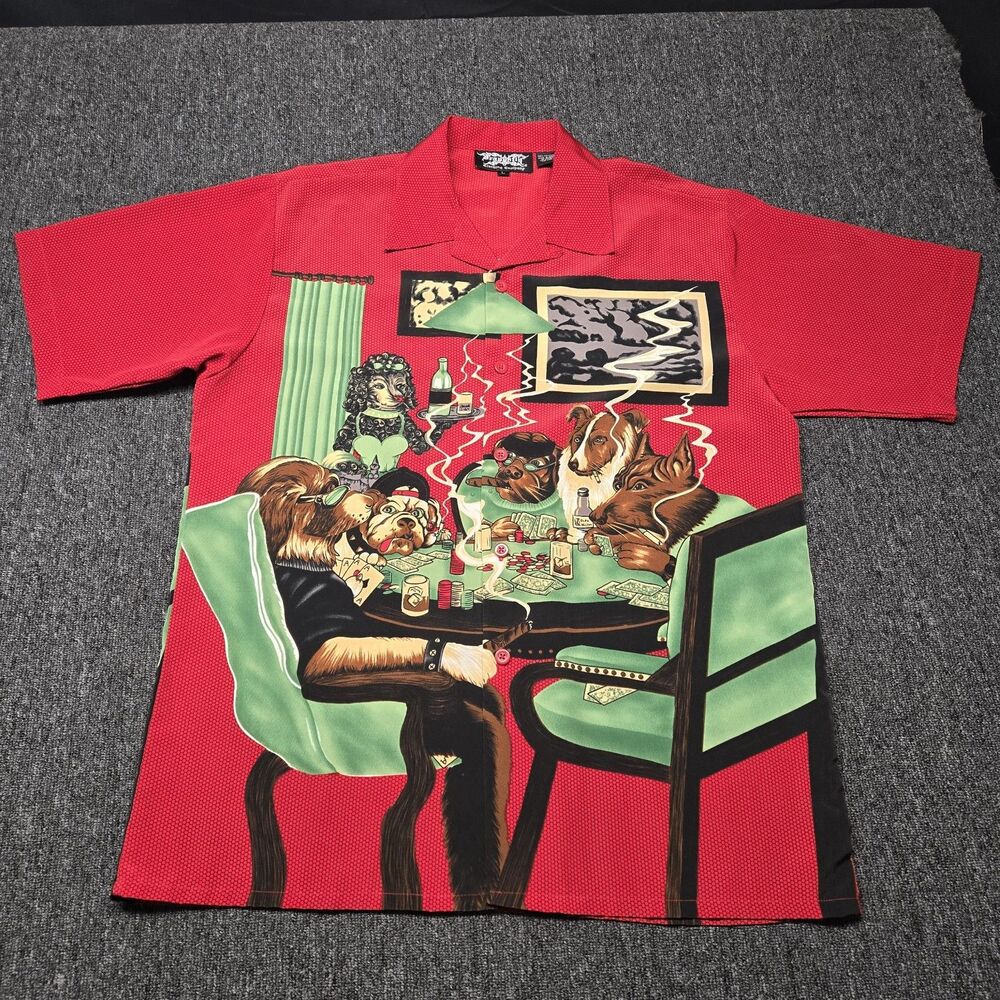 Vintage Dragonfly Dogs Playing Poker Button Up Shirt Men’s L Red Art Graphic